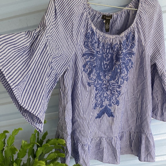 Wmns ICE International Concepts Top Shirt Blouse Blue Striped Embroidered Sz M - Picture 3 of 7